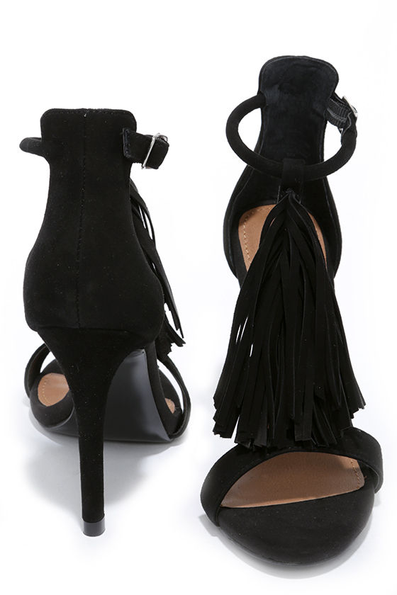 Steve Madden Sashi Black Suede Leather Fringe Dress Sandals