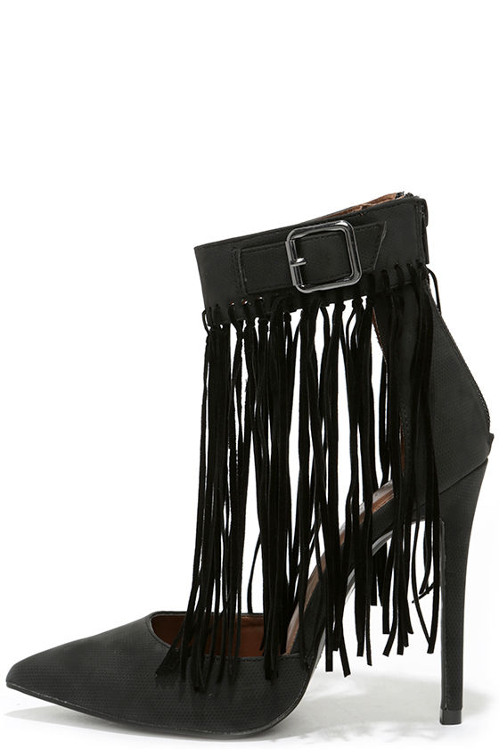 black fringe heels