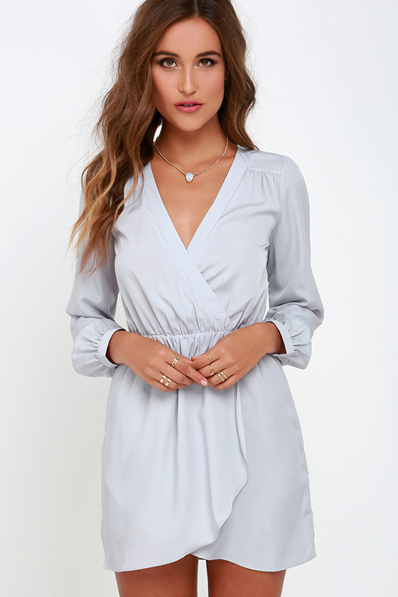 Cute Light Grey Dress - Wrap Dress - Long Sleeve Dress - $49.00 - Lulus