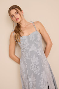 Loveliest Looks Dusty Blue Floral Jacquard Tie-Strap Midi Dress 1