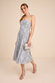 Loveliest Looks Dusty Blue Floral Jacquard Tie-Strap Midi Dress 2