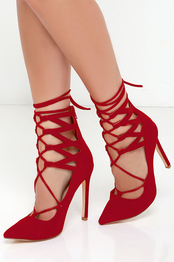 Sexy Red Pointed Heels - Lace-Up Heels - Vegan Suede Heels - Lulus