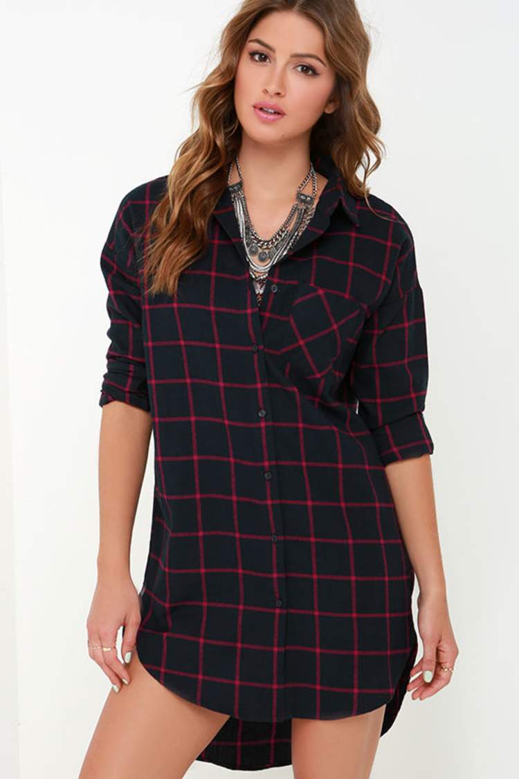 open lace back dress Morgan Belted Stretch Flannel Shirtdress - Ridge Brew Red Plaid - Size Xs