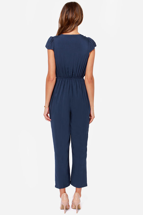 16103 Navy Blue Crop Buttoned Jumpsuit