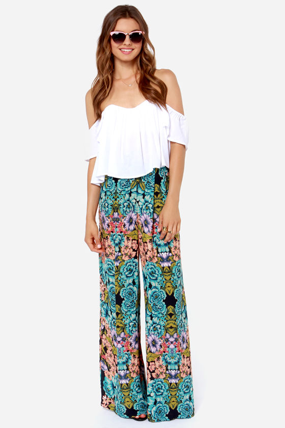 Chic Floral Print Pants High Waisted Pants Navy Blue Pants 82.00