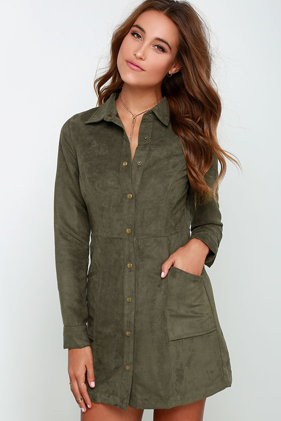 Day of Delight Olive Green Long Sleeve Suede Dress