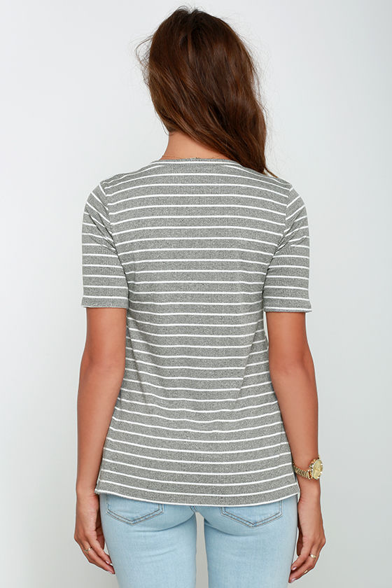 Cool Grey and White Top -Striped Top - Short Sleeve Top - $28.00