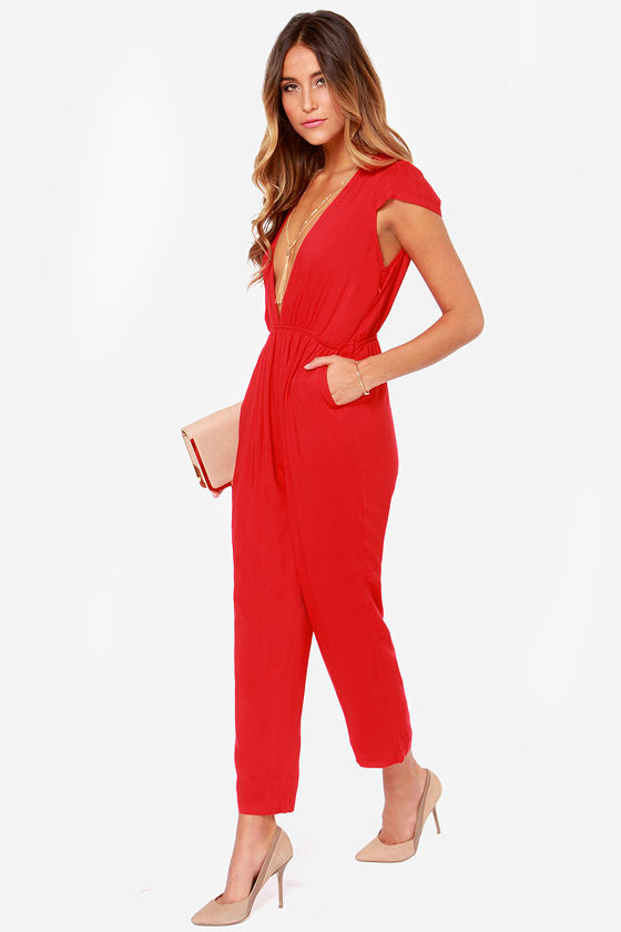 Cute Red Jumpsuit Cropped Jumpsuit 56.00
