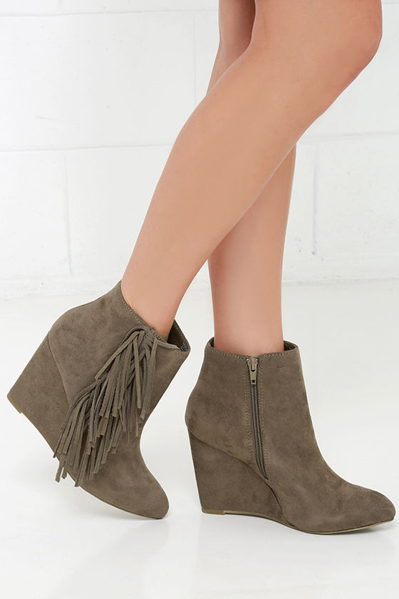 Madden Girl Pave Taupe Suede Fringe Wedge Booties