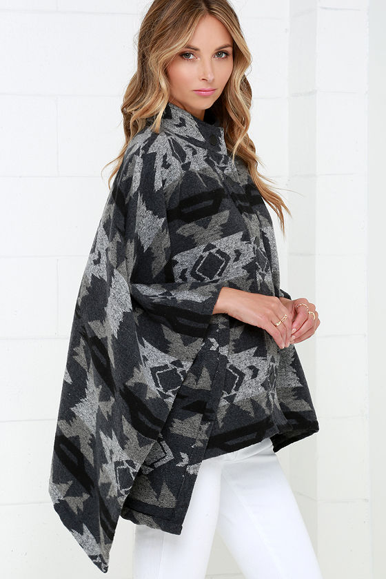 Grey Crinkle Floral Printed Poncho main image 1
