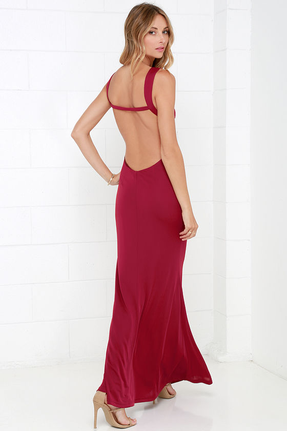 With an Open Heart Wine Red Backless Maxi Dress