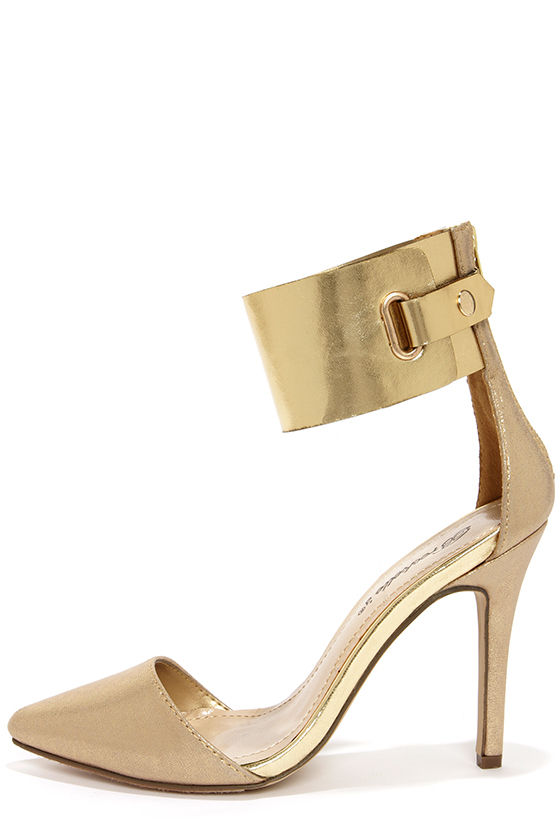 gold pointed heels with ankle strap