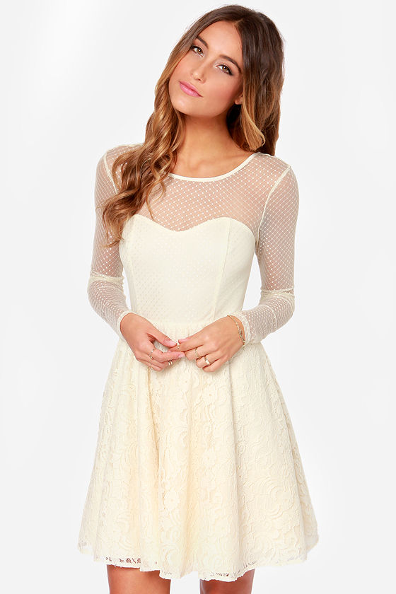 Pretty Cream Dress Lace Dress Long Sleeve Dress 71.00 Lulus