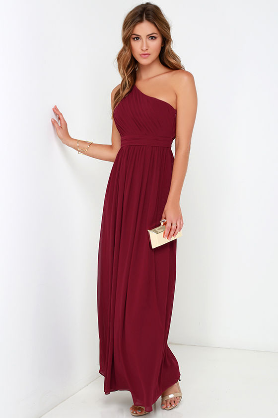 Painted Words Wine Red One Shoulder Maxi Dress