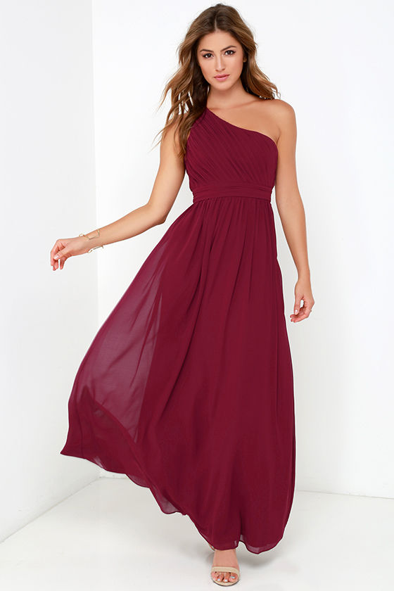 Painted Words Wine Red One Shoulder Maxi Dress