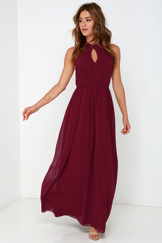 burgundy halter maxi dress