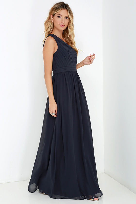 Dark Blue Grey Gown - Maxi Dress - One Shoulder Dress - $94.00