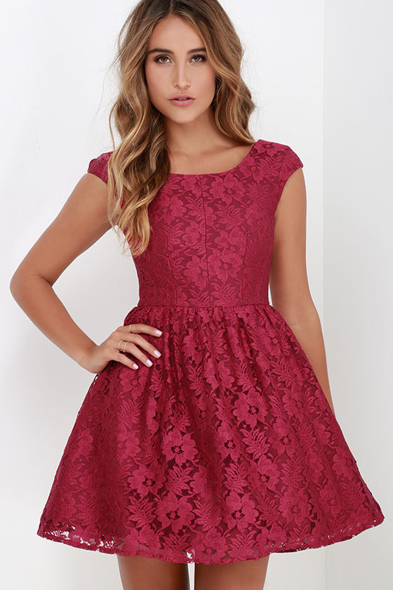 Wine Red Dress Lace Dress Skater Dress FitandFlare Dress 94.