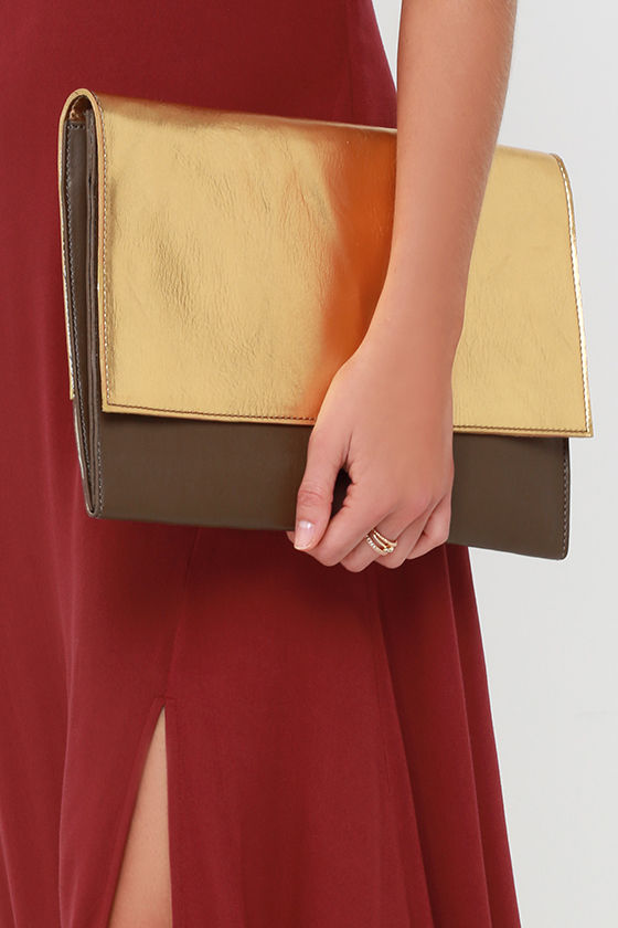 Chic Khaki Clutch - Gold Clutch - Colorblock Clutch - $37.00 - Lulus