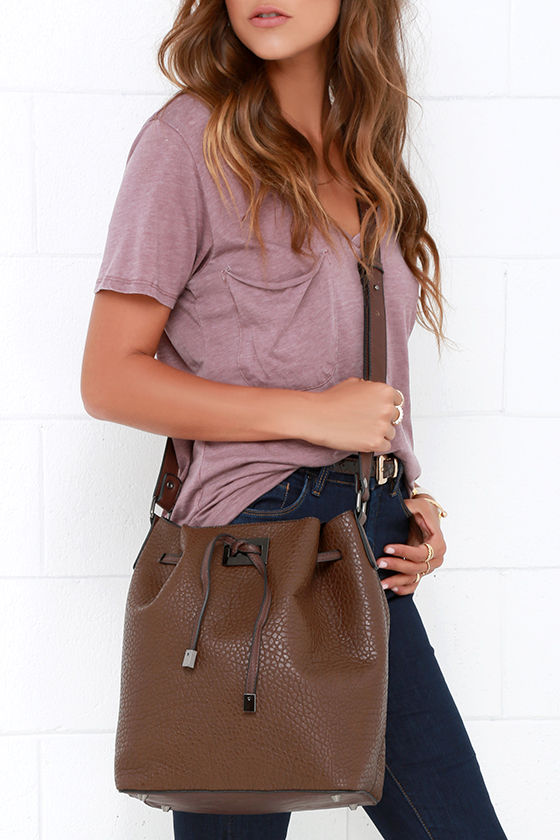 Cool Brown Purse Bucket Bag Drawstring Purse Vegan Leather Purse