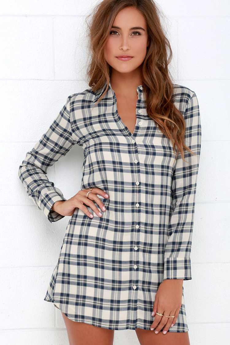 bb dakota shirt dress BB Dakota Ruger Dress - Shirt Dress - Plaid Dress - Cream and Navy Blue  Dress - $87.00