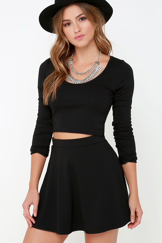 Black Dress - Two-Piece Dress - Skater Dress - Long Sleeve Dress - $68. ...