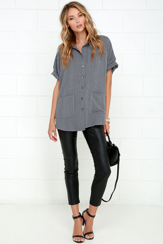 Cool Grey Top - Collared Top - Wide-Cut Top - Button-Up Top - $48.00