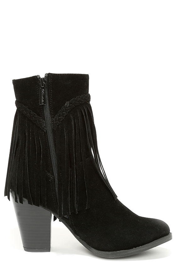 Cute Black Boots - Mid-Calf Boots - Fringe Boots - Booties - $36.00