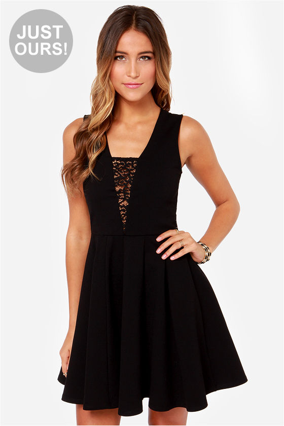 Beautiful Black Dress Lace Dress Fit and Flare Dress 45.00 Lulus