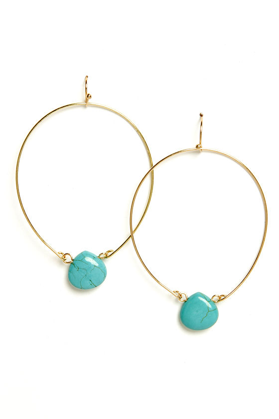 Pretty Gold Earrings - Turquoise Earrings - Hoop Earrings - $17.00 - Lulus