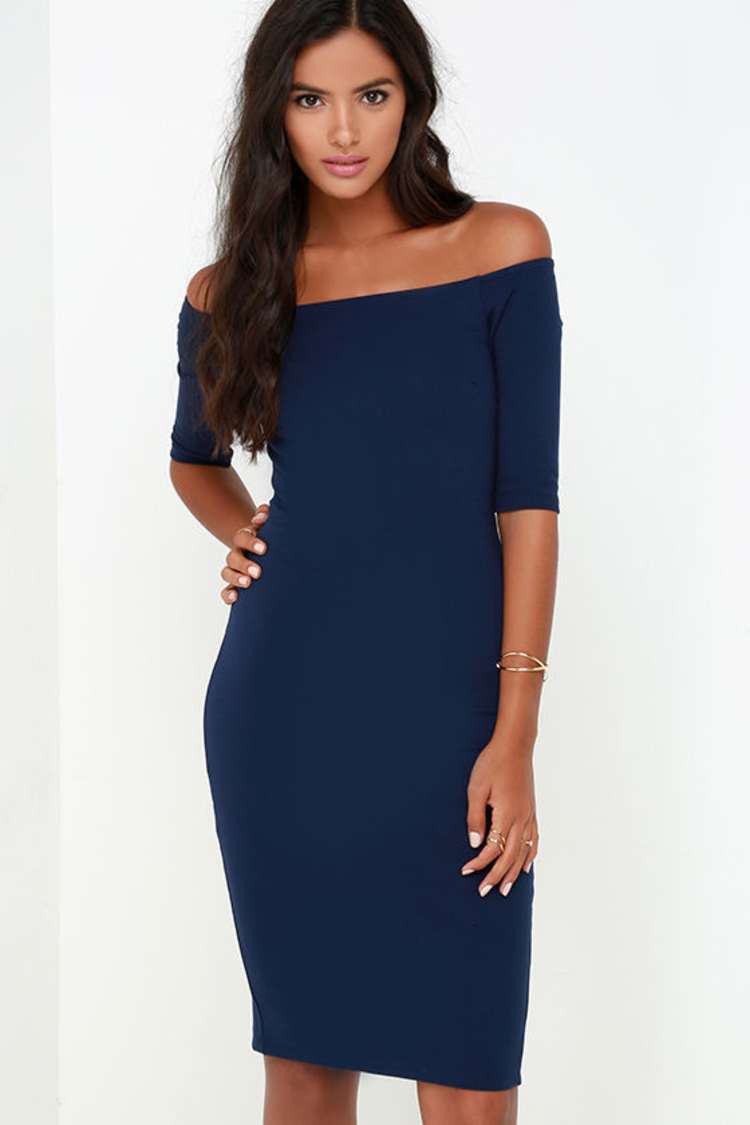Chic Navy Blue Dress - Off-the-Shoulder Dress - Midi Dress - $52.00 - Lulus