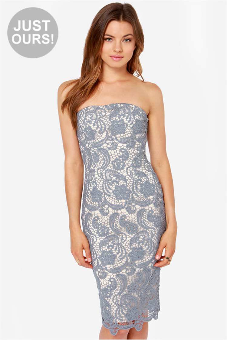 Pretty Lace Dress - Grey Dress - Strapless Dress - Midi Dress - $42.00