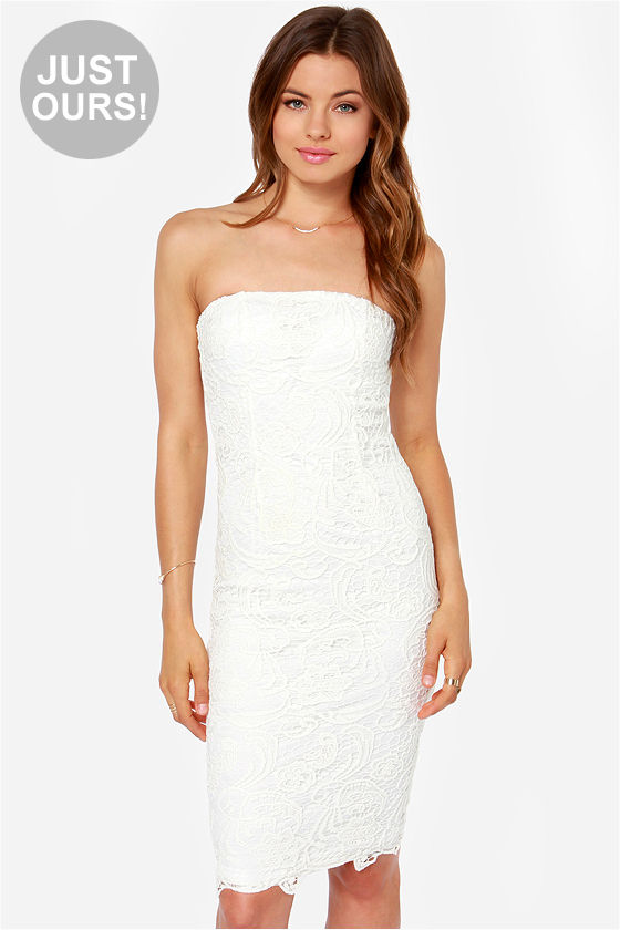 white lace strapless dress