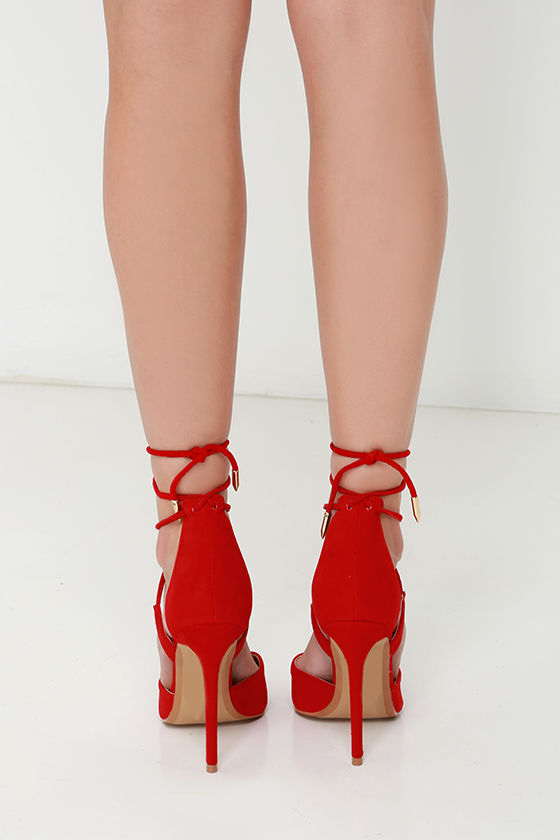 red square lace up heels