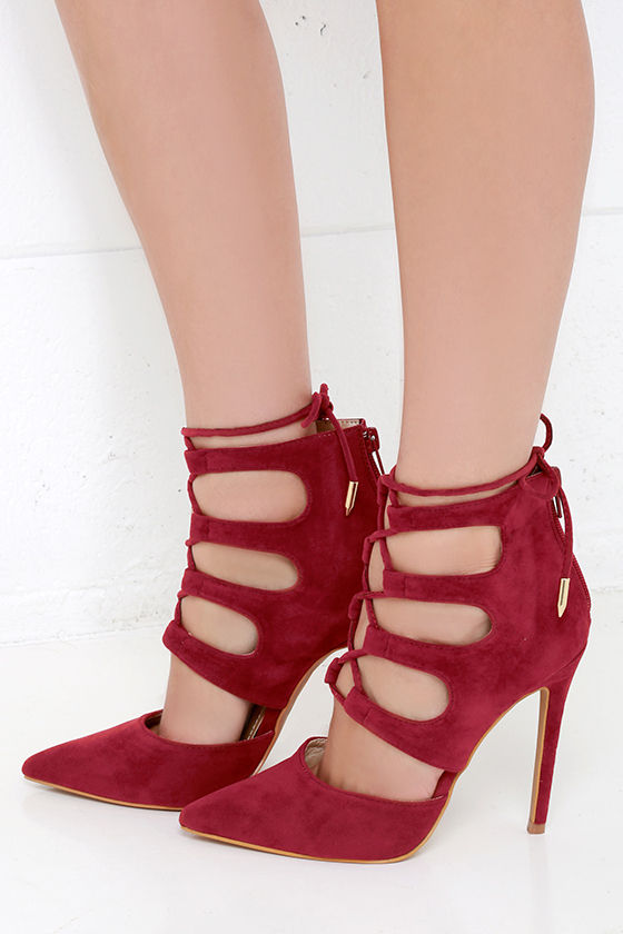 Chic Wine Red Heels - Lace-Up Heels - Pointed Toe Heels - $43.00