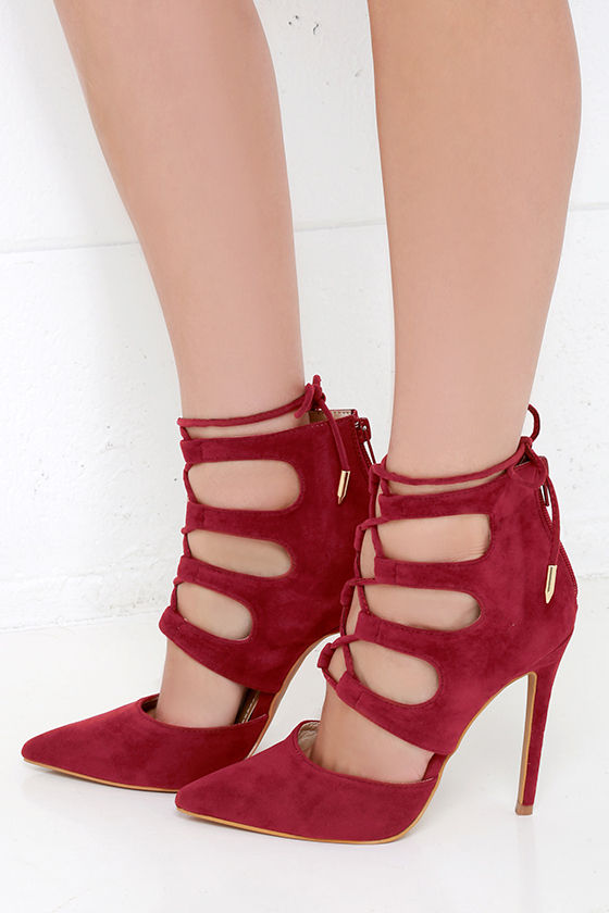 red lace up knee high heels