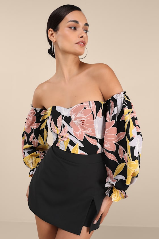 Bring the Blossom Black Floral Print Off-the-Shoulder Bodysuit 2