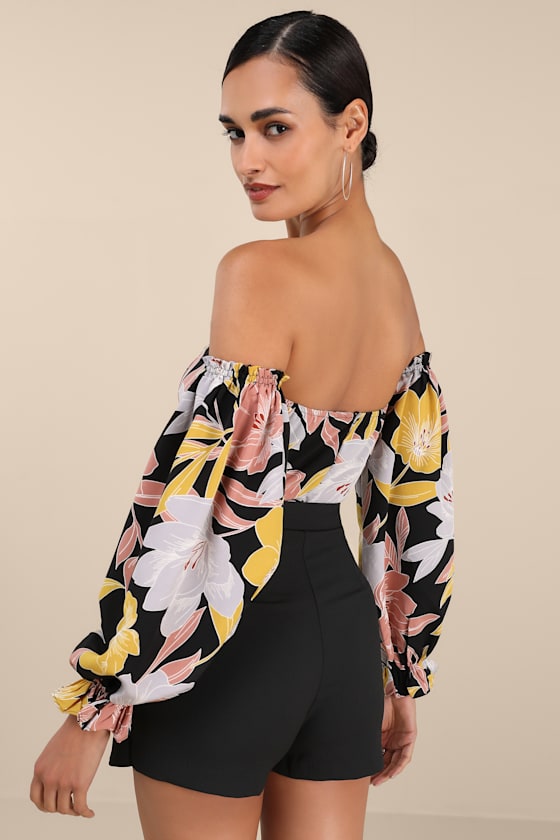 Bring the Blossom Black Floral Print Off-the-Shoulder Bodysuit 4