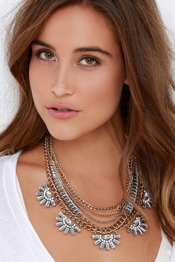 Pretty Gold Necklace Statement Necklace Rhinestone Necklace 20.00 Lulus