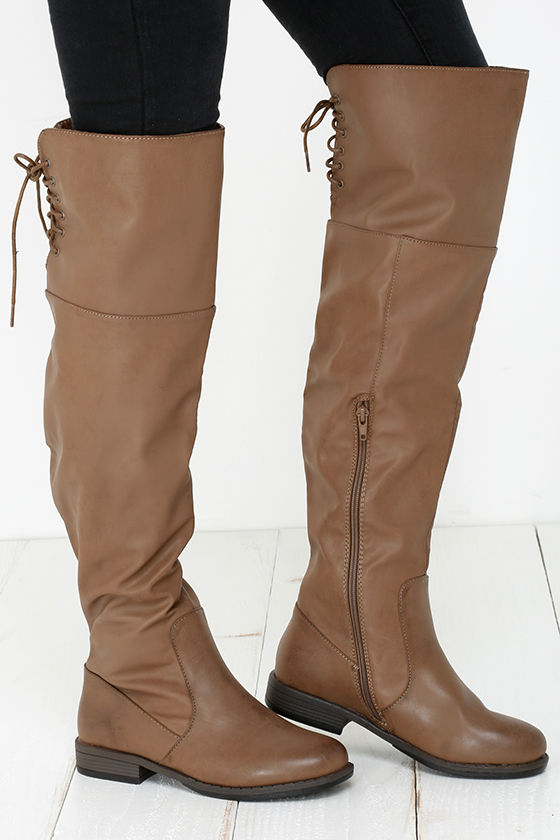 Cool Taupe Boots - Over-the-Knee Boots - Lace-Up Boots - $47.00