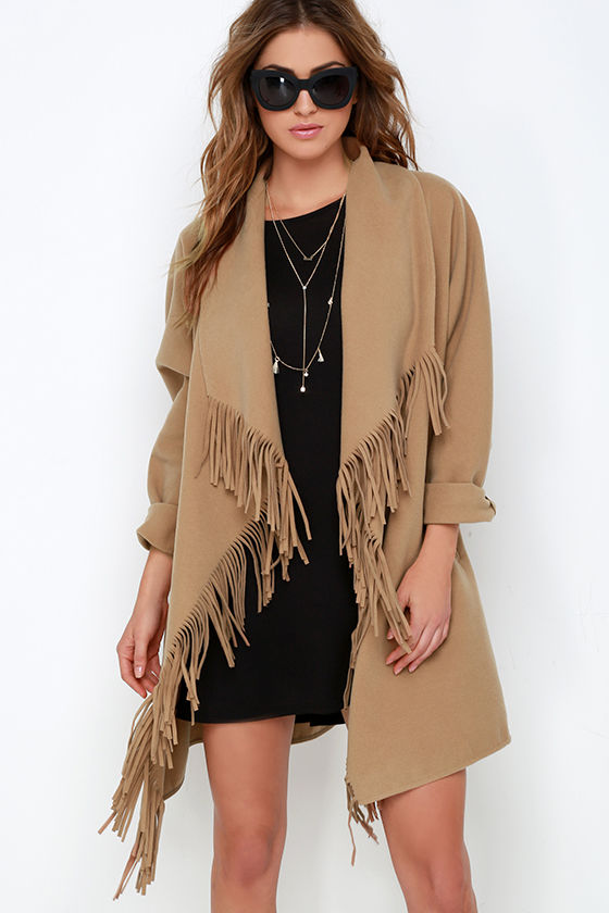 Fringe Coat Tan Coat Oversized Coat 127.00 Lulus