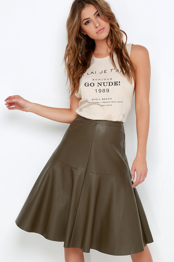 Olive Green Skirt Vegan Leather Skirt Midi Skirt 67.00 Lulus