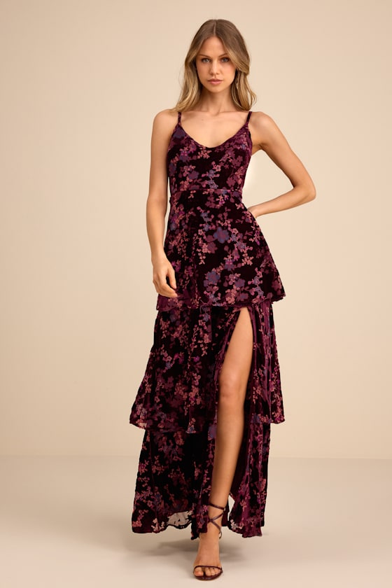 I Love You Amore Plum Purple Floral Velvet Tiered Maxi Dress