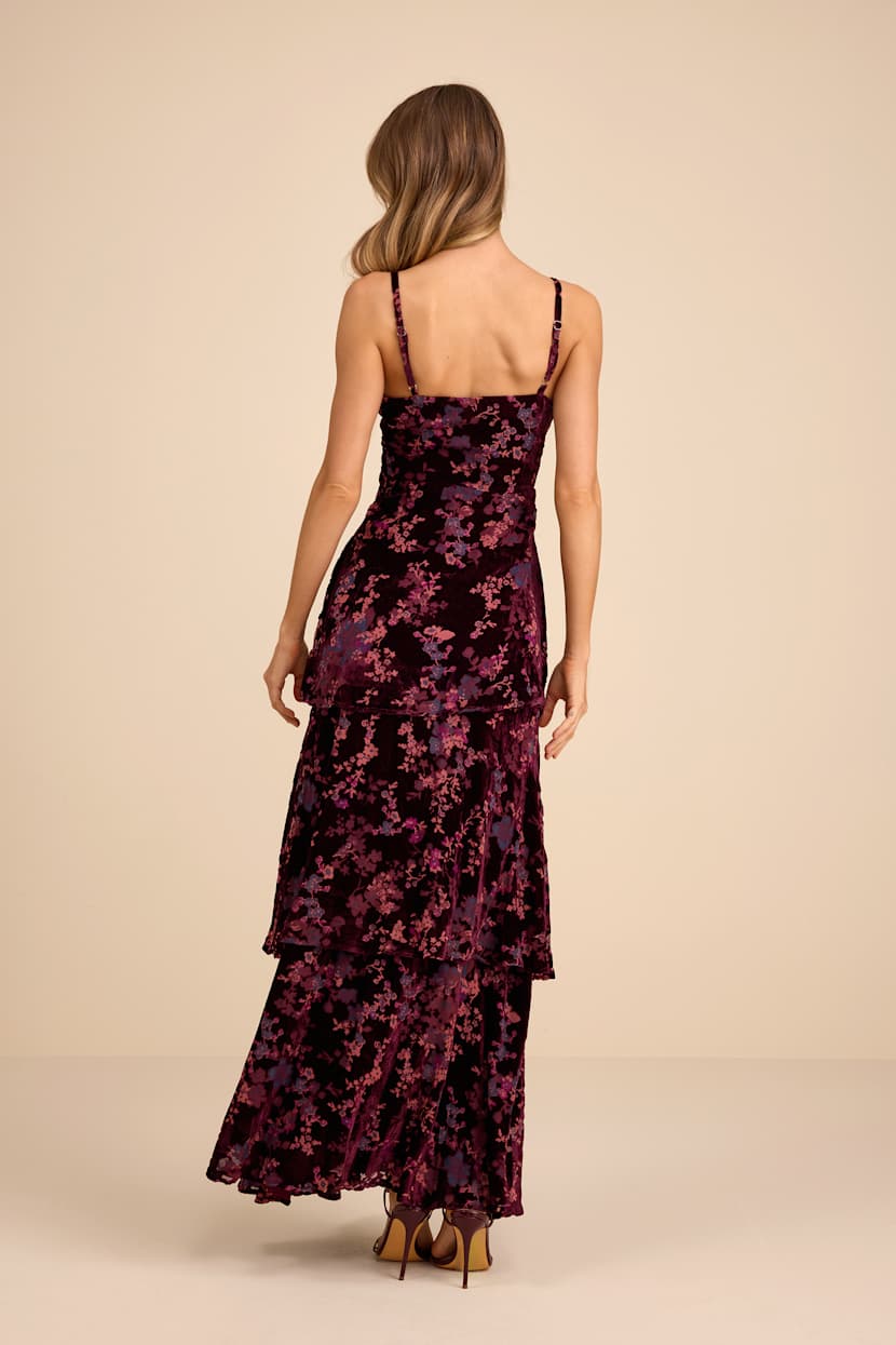 princess polly baby blue dress Plum Purple Velvet Dress - Floral Print Dress - Tiered Maxi Dress
