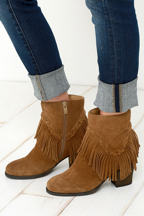 Sbicca Patience Tan Suede Leather Fringe Booties