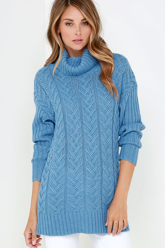 Blue Sweater - Cable Knit Sweater - Turtleneck Sweater - $69.00