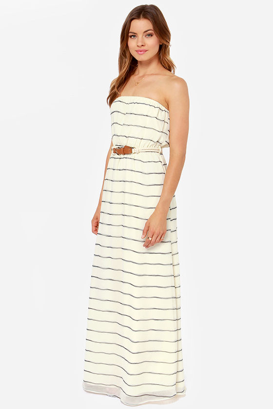 Cute Striped Dress - Maxi Dress - Cream Dress - Strapless Dress - $49.00