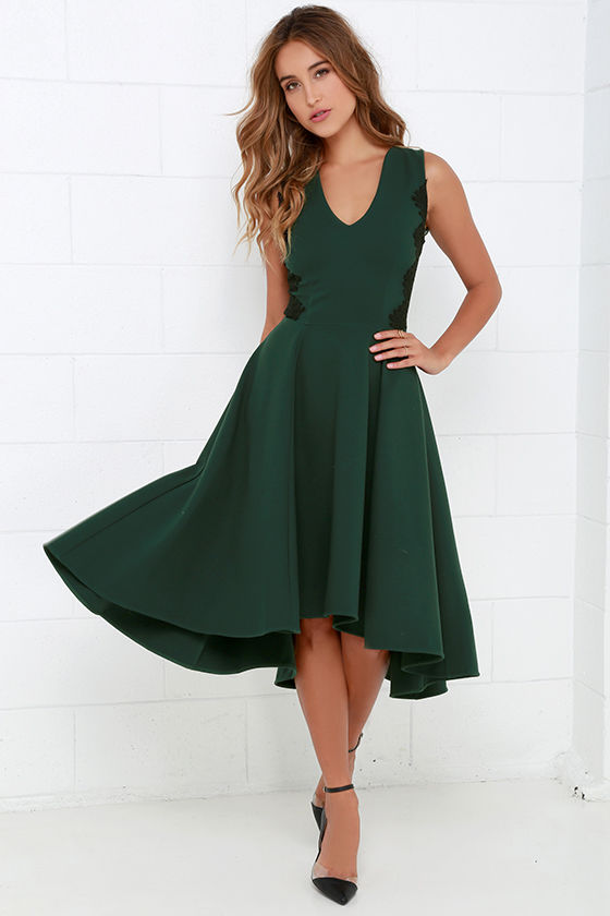 Lovely Dark Green Dress - Lace Dress - Midi Dress - High-Low Dress ...