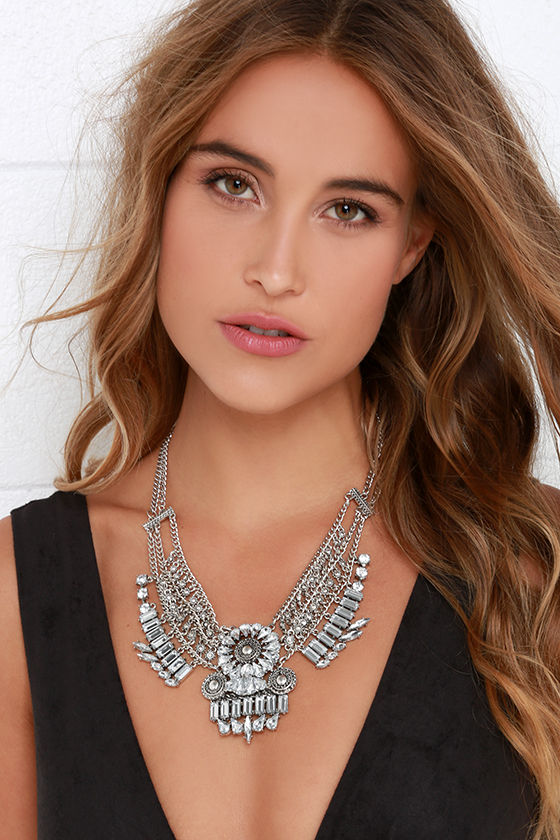 Statement Necklace - Silver Necklace - Rhinestone Necklace - $20.00 - Lulus