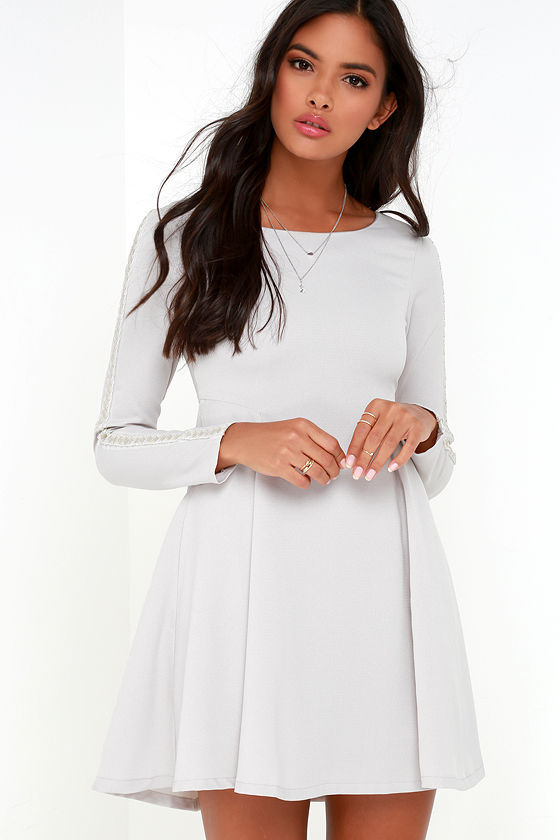 Pretty Light Grey Dress - Long Sleeve Dress - Beaded Dress - $59.00 - Lulus